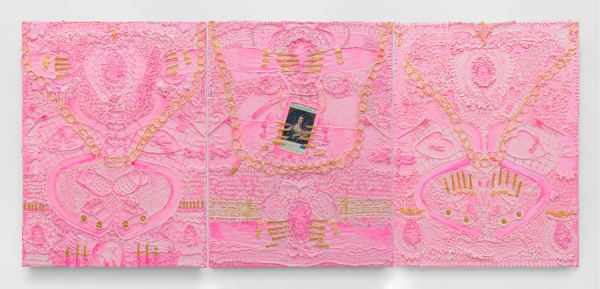 Yvette Mayorga, Pinknologic Anxiety, (After Francois Boucher Madame de Pompadour, c. 1755), 2020, Acrylic piping and collage on canvas, 30 x 40 in per panel, 76.2 x 101.6 cm per panel