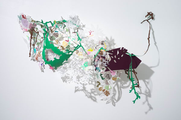 Leigh Anne Lester, Adjacent Impression 1.1, 2019, Hand cut drafting film, graphite, color pencil, acrylic paint, wood, plexi-glass, magnets, 26 x 43 x 7 in, 66 x 109.2 x 17.7 cm