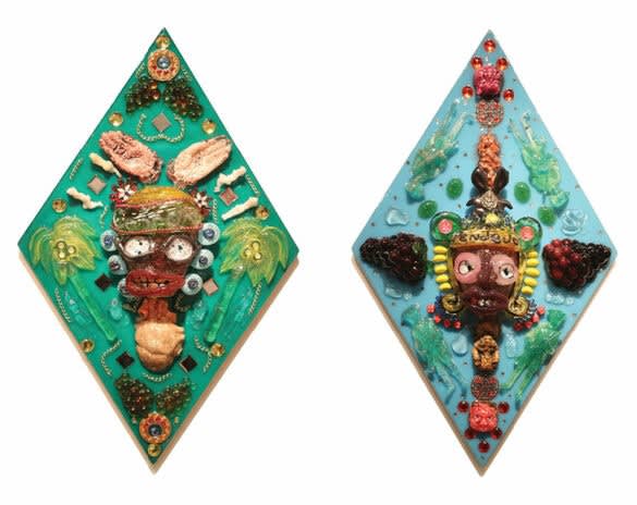 Einar and Jamex de la Torre, “The Chosen Tribe – Pendejo y Cabrón,” 2010, blown glass, mixed media sculpture, 32 x 20 x 5 inches.