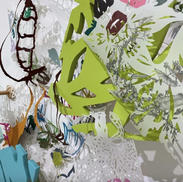 Leigh Anne Lester, Adjacent Impression 1.4, 2024, Hand cut drafting film, color pencils, graphite, acrylic paint, plexiglass, wood, shadow, Approximate dimensions: 66 x 48 x 5 in, 167.6 x 121.9 x 12.7 cm (detail)