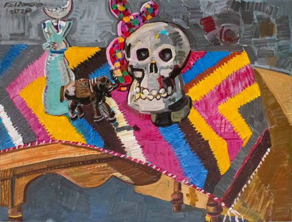 Frank Romero, Natura Morta with Pingo y Calavera, 2020, Signed and dated top left, Acrylic on canvas, 36 x 48 in, 91.4 x 121.9 cm