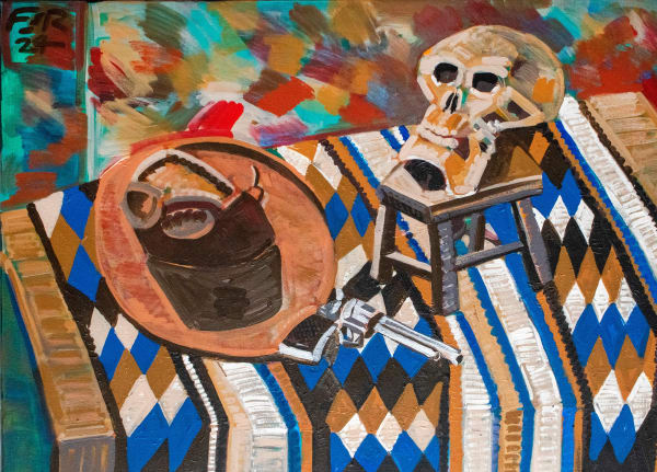 Frank Romero, Pistola y Calavera, 2023-4, Signed and dated top left, Acrylic on canvas, 36 x 48 in, 91.4 x 121.9 cm