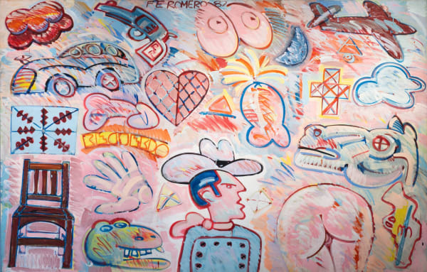 Frank Romero, Recuerdo, 1982, Signed and dated top center, titled left center, Oil on canvas, 70 x 109 in, 177.8 x 276.9 cm