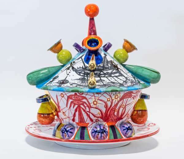 Nicolás Leiva, Sopera, 2015, Signed and dated on the underside, Majolica ceramic with gold and platinum lustrous, Ceramica Gatti, Italy, 17 x 18 x 17 in, 45.7 x 43.2 x 43.2 cm