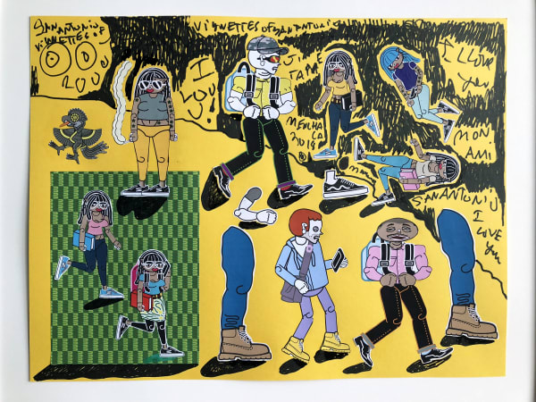 Michael Menchaca Vignettes of San Antonio, 2018, Oil paint and mixed media on yellow French paper, 19 x 25in, 48.3 x 63.5 cm