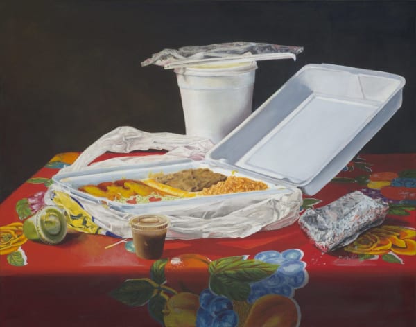 'Enchilada Plate To-Go,' by Eva Marengo Sánchez, 2020. Oil on canvas. 23 x 29 x 2.5 in. Collection of Fernando Yarrito. Courtesy of the a