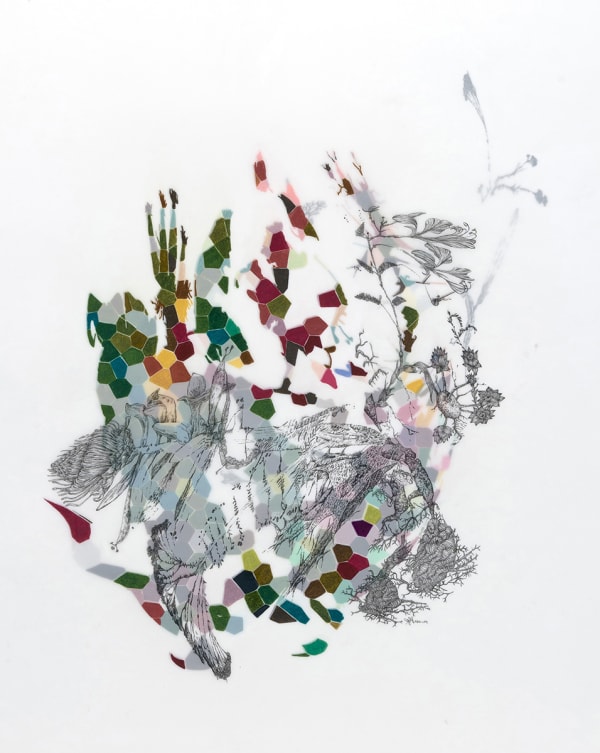 Leigh Anne Lester, Oblique Inception, 2014, Graphite and color pencil on drafting film, 25 x 23 x 3 in, 63.5 x 58.5 cm