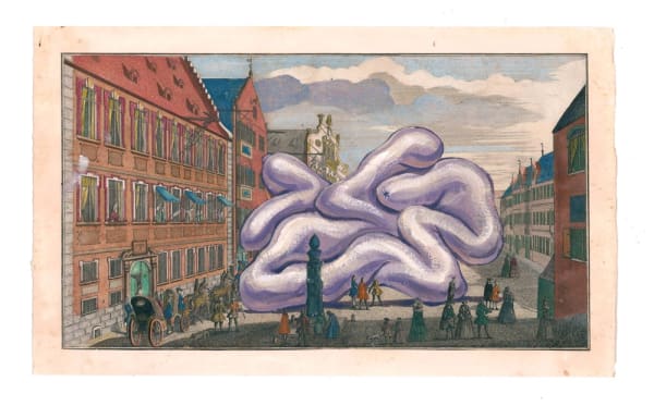 DANIEL HOROWITZ - MONUMENTUM AFTER JEFF KOONS' BALLOON SCULPTURE II - 2016 - OIL ON ANTIQUE ENGRAVING - 25 X 43 CM