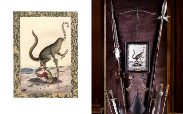 DANIEL HOROWITZ - CYCLOPS LEMURIFORMIS (WITH INSTALLATION VIEW FROM MUSÉE LA CHASSE, PARIS) - 2016 - GOUACHE, COLLAGE, ANTIQUE LITHOGRAPH - 38 X 26 CM