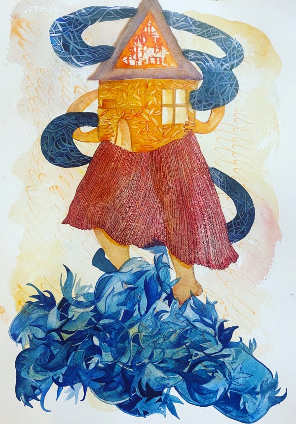 Hargun Mahal Mann Carrying My Home Over the Waters, 2023 LISTEN TO THE AUDIO DESCRIPTION OF THE ARTWORK→