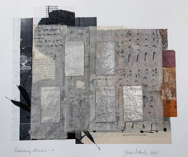 In this piece, Schulze collages elements of black and white printed paper, text together with colored paper. We see, on the left side, layers of black and white botanical patterns and text, and, on the right, paper patterned with bands of purple, rust and