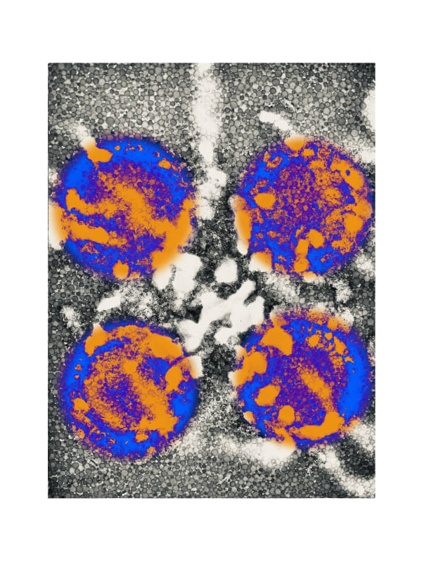 An abstract image with a background comprised of black and white interconnected circles, approximately 1/8” in diameter. Random areas are lighter and almost completely white. These white areas are predominantly present in the middle of the image. One of t