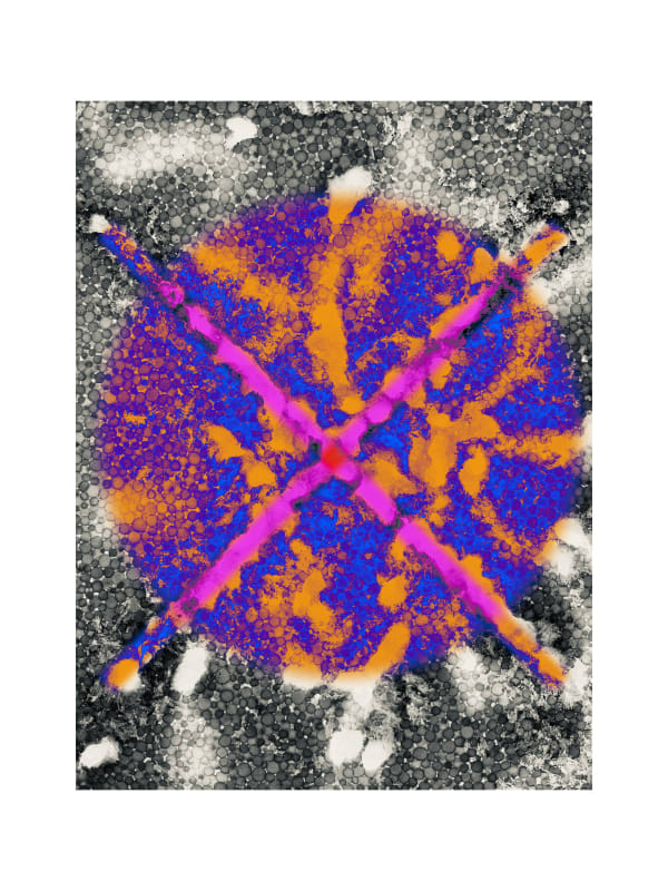 An abstract image with a background comprised of black and white interconnected circles approximately 1/8” in diameter. Random areas are lighter, almost completely white. The foreground has a large hot pink X and an orange and blue circle approximately 9”