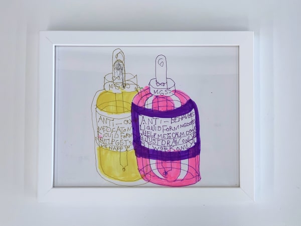 Colorful marker drawing of two overlapping medicine bottles with stoppers. The left bottle contains a bright yellow liquid and has a white label reading “Anti-crying medication, makes me happy” and on the right, slightly in front reads “Anti-behavior liqu