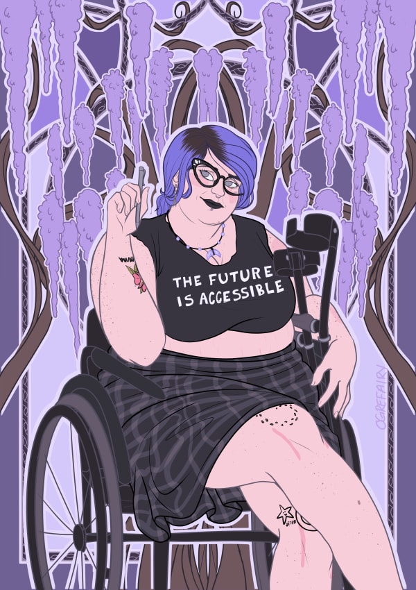 A digital portrait depicting a fat white woman with blue/purple dyed hair pulled back into a ponytail. She is wearing a crop top that reads "The Future Is Accessible" and a black plaid skirt. She is holding up a pen in her right hand while sitting in a wh