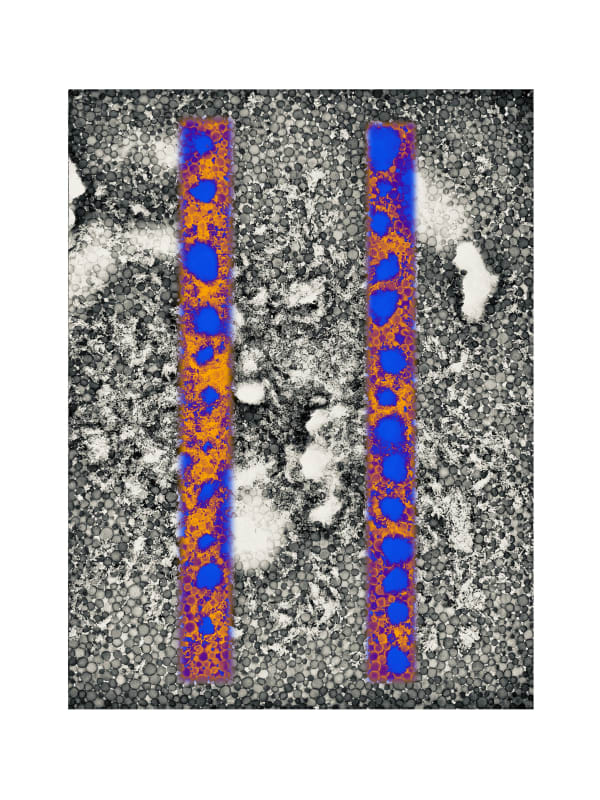 An abstract image with a background comprised of black and white interconnected circles approximately 1/8” in diameter. Random areas are lighter, almost completely white. The foreground has two parallel vertical lines 1” x 11” made up of orange and blue 1