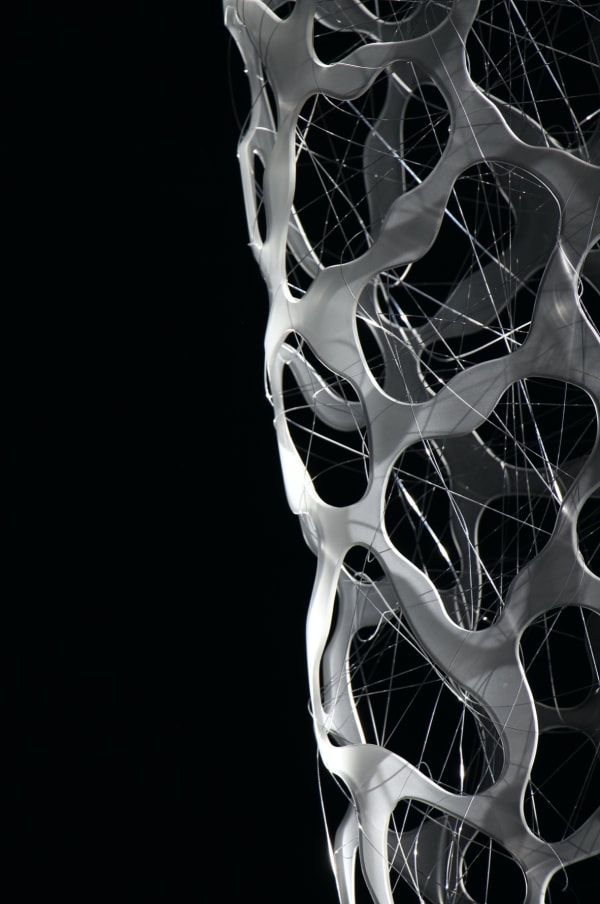 Yusuke Takemura, Seeing beyond Silence, 2019, Glass, optical fibre, stainless wire and sphere, gold leaves, 126 x 30 x 30 cm