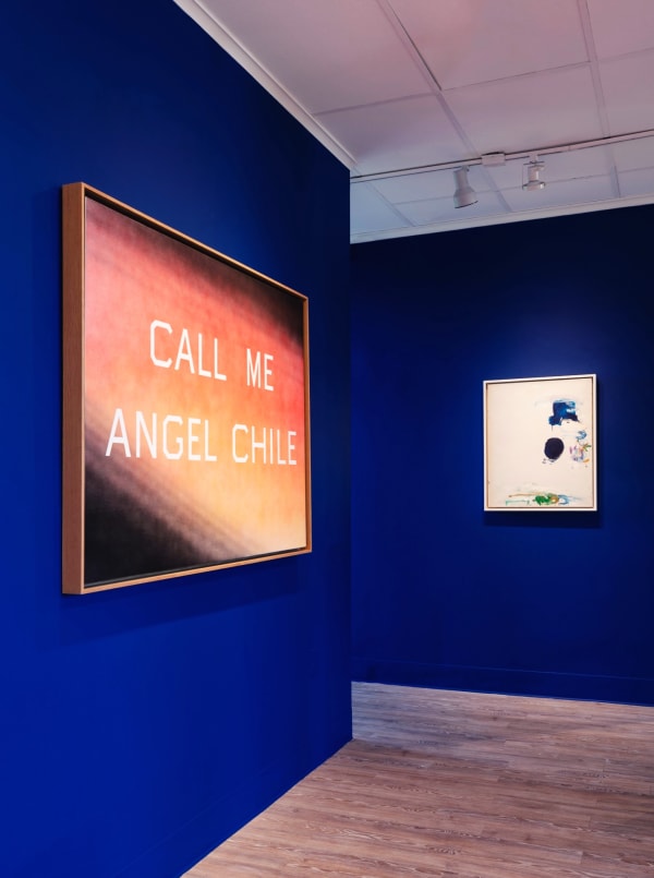 Ed Ruscha. Call Me Angel Chile. 2001. Acrylic on canvas, 101.6 by 137.2 cm (40 by 54 in.) Joan Mitchell. Untitled. 1968. Oil on canvas, 73 by 59.6 cm (28¾ by 23½ in.)