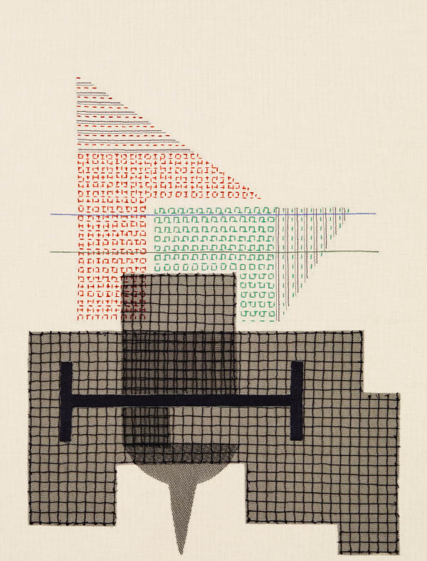 Filwa Nazer. Diagrams of Dislocation, Untitled 2. 2025. Cotton thread on Calico cotton and black nylon tulle.