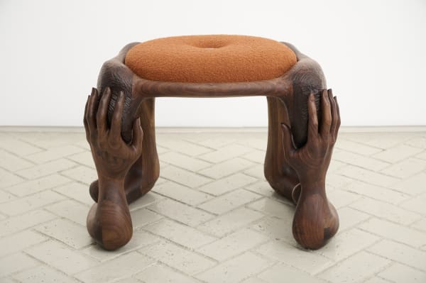 Vincent Pocsik Stool with Oranges Hands and Ears II, 2025 Carved walnut, fabric and pewter 25 ½ x 19 ¾ x 20 in 64.8 x 50.2 x 50.8 cm