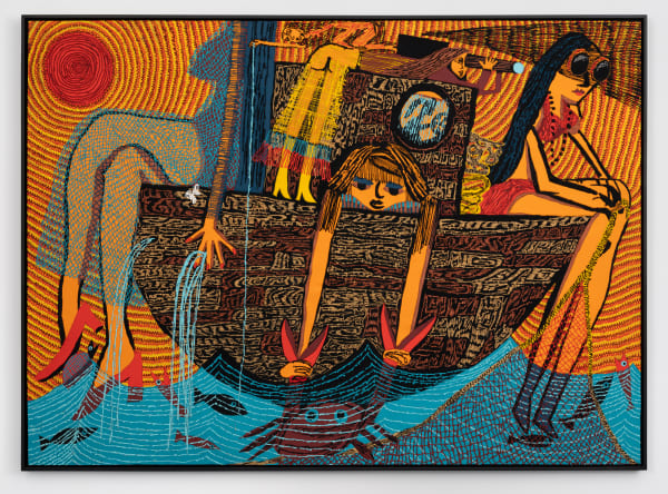Summer Wheat Rescue Boat, 2025 Acrylic paint and gouache on aluminum mesh 69 ¾ x 95 ¾ x 2 ¼ in 177.2 x 243.2 x 5.7 cm