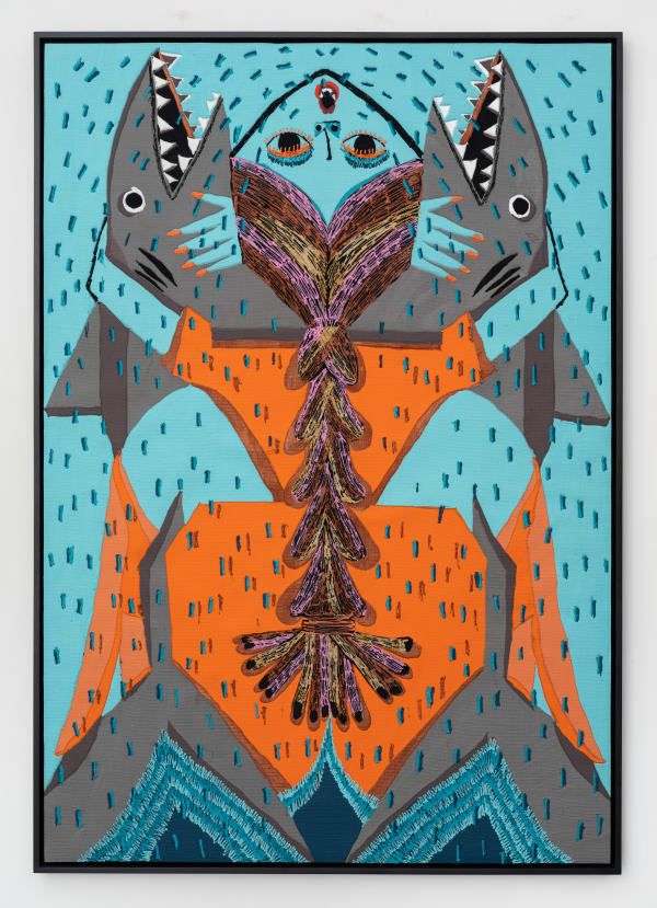 Summer Wheat Shark Fountain, 2025 Acrylic paint and gouache on aluminum mesh 69 ³⁄₄ x 48 ³⁄₄ x 2 ¹⁄₄ in 177.2 x 123.8 x 5.7 cm