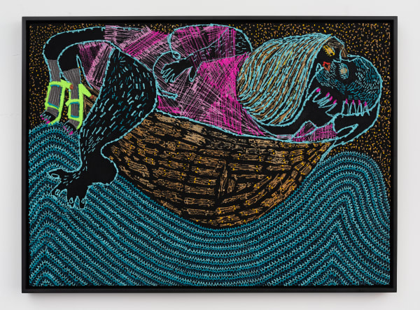 Summer Wheat Waves Night, 2025 Acrylic paint and gouache on aluminum mesh 35 ½ x 48 ¾ x 2 ¼ in 90.2 x 123.8 x 5.7 cm
