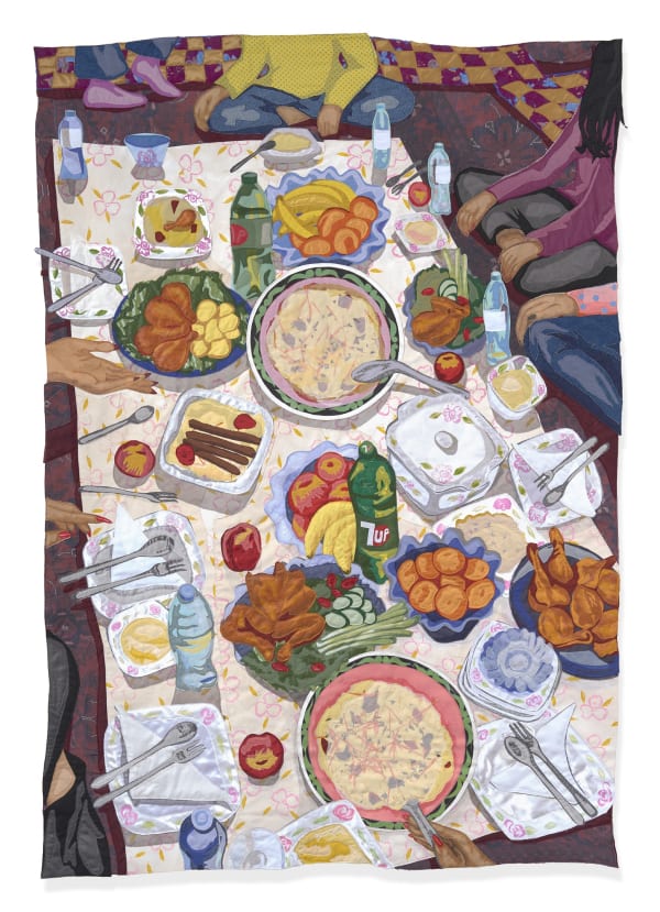 Hangama Amiri Dastarkhwān, 2025 Muslin, cotton, chiffon, canvas, denim, linen, silk, polyester, suede, inkjet-print on silk-chiffon, block-print, color-pencil and acrylic paint on fabric 77 ½ x 54 in 196.8 x 137.2 cm