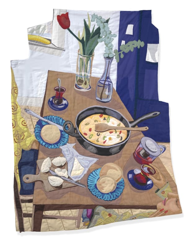 Hangama Amiri Morning, 2025 Muslin, cotton, chiffon, lenin, denim, silk, polyester, suede, block-print, color-pencil and acrylic paint on fabric 64 x 48 in 162.6 x 121.9 cm