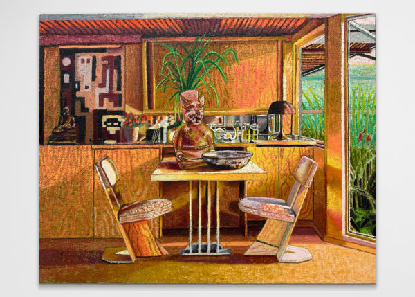 JJ Manford Schindler House with Pre-Columbian Vessel, 2025 Oil stick, oil pastel, and flashe on burlap over canvas 52 x 65 in 132.1 x 165.1 cm