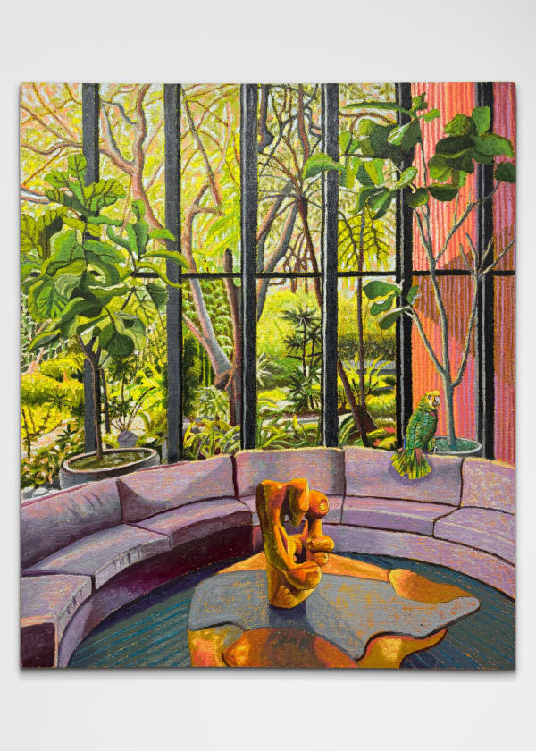 JJ Manford Smalley House with Yellow Headed Parrot & Noguchi's Mother & Child, 2025 Oil stick, oil pastel, and flashe on burlap over canvas 78 ¾ x 66 in 200 x 167.6 cm