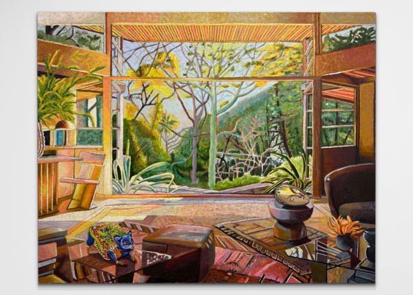 JJ Manford Sunset at The Schindler House with Noguchi and Talavera Cat, 2025 Oil stick, oil pastel, and flashe on burlap over canvas 72 x 90 in 182.9 x 228.6 cm