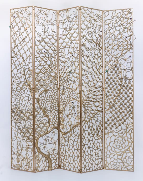 David Wiseman Five-Panel Collage Screen, 2018 Bronze and porcelain 96 x 83 x 10 in 243.8 x 210.8 x 25.4 cm