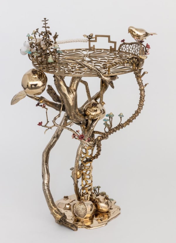 David Wiseman Bowerbird Table, 2022 Bronze, porcelain, silver, quartz, and enameled copper 33 x 22 x 22 in 83.8 x 55.9 x 55.9 cm