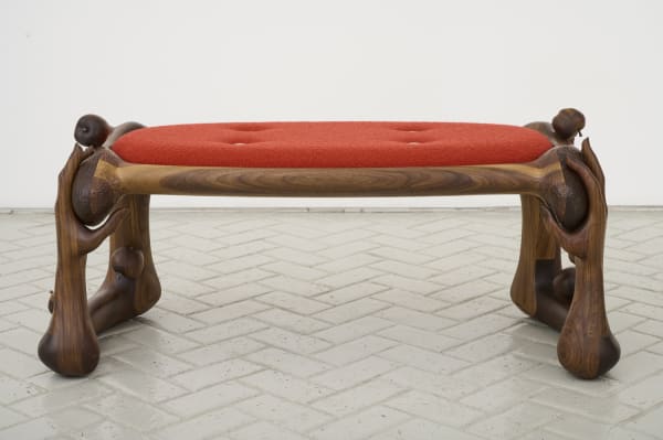 Vincent Pocsik Apple Bench, 2025 Carved walnut, fabric and pewter 20 x 48 x 24 in 50.8 x 121.9 x 61 cm