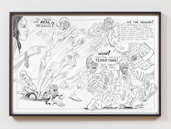 TRENTON DOYLE HANCOCK PRESENTS THE MOUNDVERSE, CHAPTER 2: VEGANISM, 2020 Page 09 & 10 from suite of 19 framed drawings Ink on paper Each page: 24 x 36 in / 61 x 91.4 cm