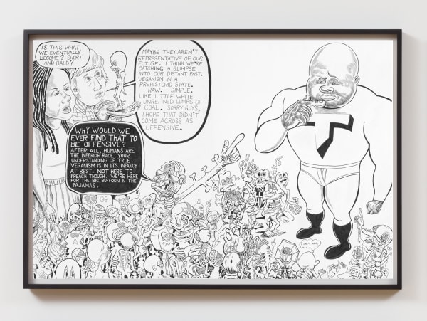 TRENTON DOYLE HANCOCK PRESENTS THE MOUNDVERSE, CHAPTER 2: VEGANISM, 2020 Page 11 & 12 from suite of 19 framed drawings Ink on paper Each page: 24 x 36 in / 61 x 91.4 cm