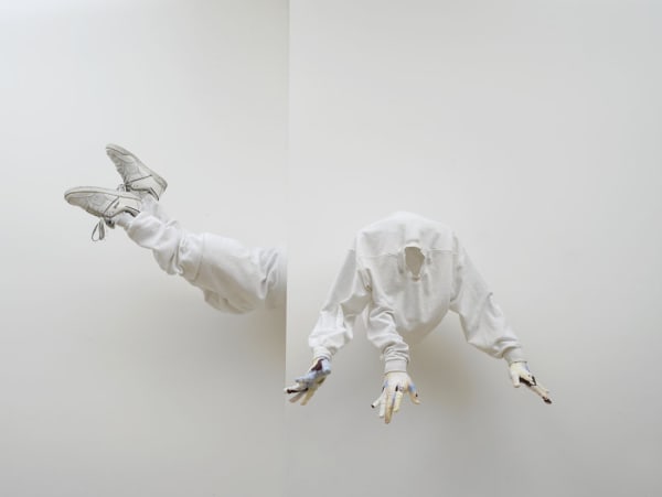 Tori Wrånes, Mom, don’t you miss the real me, 2015, silicon, gel, pigment, wood, cotton tracksuit, trainers, socks. Legs: 62 x 88 x 55 cm, Body: 100 x 70 x 67 cm.