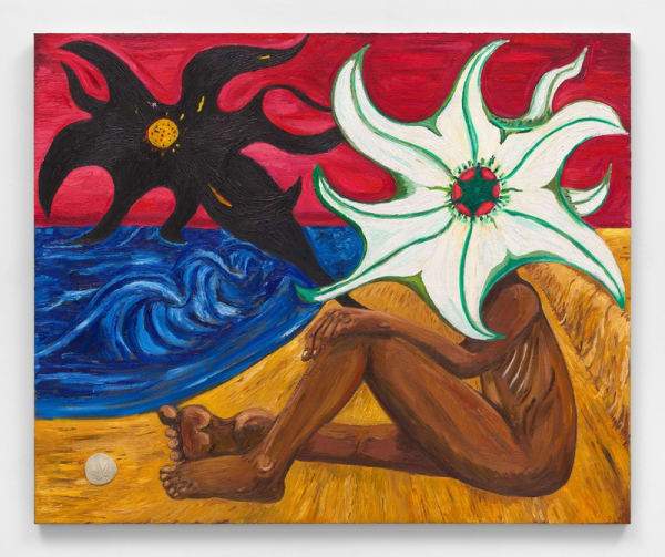 Daniel Gibson, Into the Sea, 2021. Oil on linen with Sand Dollar, 38 x 46 inches. Courtesy Almine Rech. Photo: Dan Bradica.