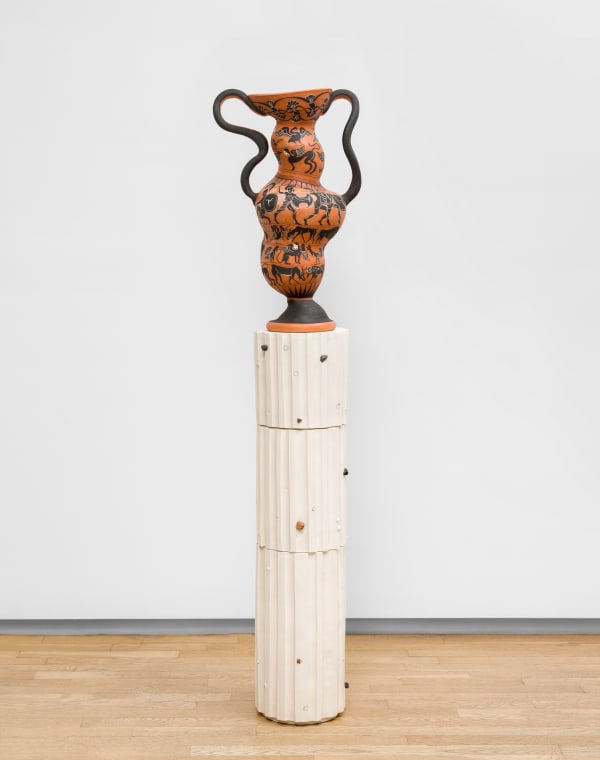 Cammie Staros, Attributed to: Human and Earth, 2023. Ceramic, pebbles, and shells, Vessel with pedestal: 58 ¼ x 13 ½ x 9 in (148 x 34.3 x 22.9 cm). Courtesy of the artist and Shulamit Nazarian, Los Angeles.