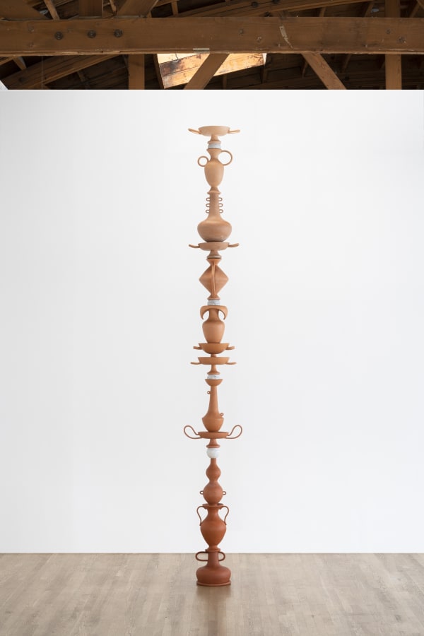 Cammie Staros, Come to Pass, 2021, Ceramic, marble, and stainless steel, 135 x 18 x 15 inches