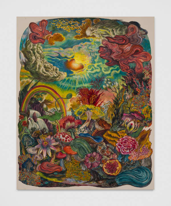 KEN GUN MIN, “13 MISSING LADIES” (2023), OIL, KOREAN PIGMENT, SILK EMBROIDERY THREAD, BEADS, AND CRYSTALS ON CANVAS, 80 X 64 INCHES