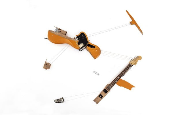 Naama Tsabar, Melody of Certain Damage #14, 2021, broken electric guitar, strings, microphone, screws, dimensions variable. Photo: Zaire Aranguren / The Bass, Miami Beach. Courtesy the artist and Spinello Projects, Miami