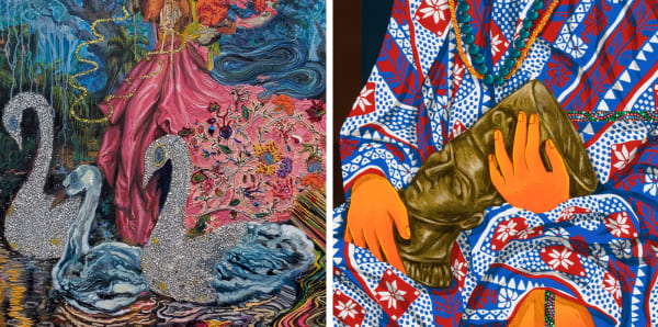 Composite image of (left) Ken Gun Min, Night Lake (detail), 2016–2022. Korean pigment, beads, crystals, silk thread, embroidery wax, oil paint on canvas. 50 x 74 inches. And (right) Amir H. Fallah, Protector 1 (detail), 2022. Acrylic on canvas. 72 x 48 inches.