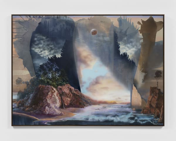 “Day Moon Shore/Through and Before the Immediate Trees” by Annie Lapin, 2025. Acrylic on Linen 68 x 94 in 172.7 x 238.8 cm (Courtesy of the artist and Nazari an / Curcio.)