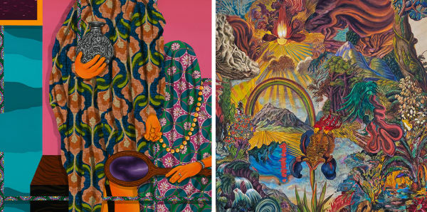 Composite image of (left) Amir H. Fallah, Urn (detail), 2022. Acrylic on canvas. 72 x 48 inches. And (right) Ken Gun Min, Two Mothers (detail), 2022. Korean pigment, beads, crystals, silk thread, embroidery wax, oil paint on canvas. 84 x 68 inches.