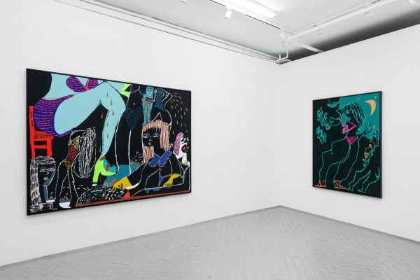 Installation of large artworks in exhibition