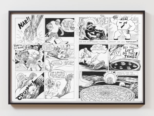 TRENTON DOYLE HANCOCK PRESENTS THE MOUNDVERSE, CHAPTER 2: VEGANISM, 2020 Page 07 & 08 from suite of 19 framed drawings Ink on paper Each page: 24 x 36 in / 61 x 91.4 cm