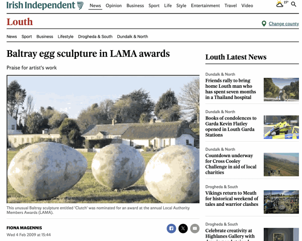Irish Independent - Baltray egg sculpture in LAMA awards Praise for artist's work