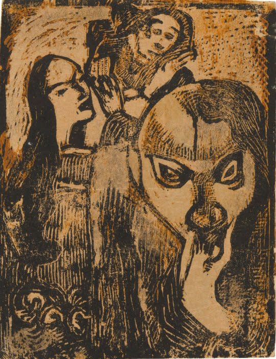 Femmes polynésiennes avec un portrait d'homme au premier plan Print on paper 31.5 x 23,2 cm Page of Album Noa Noa Courtesy Musée d'Orsay, Paris